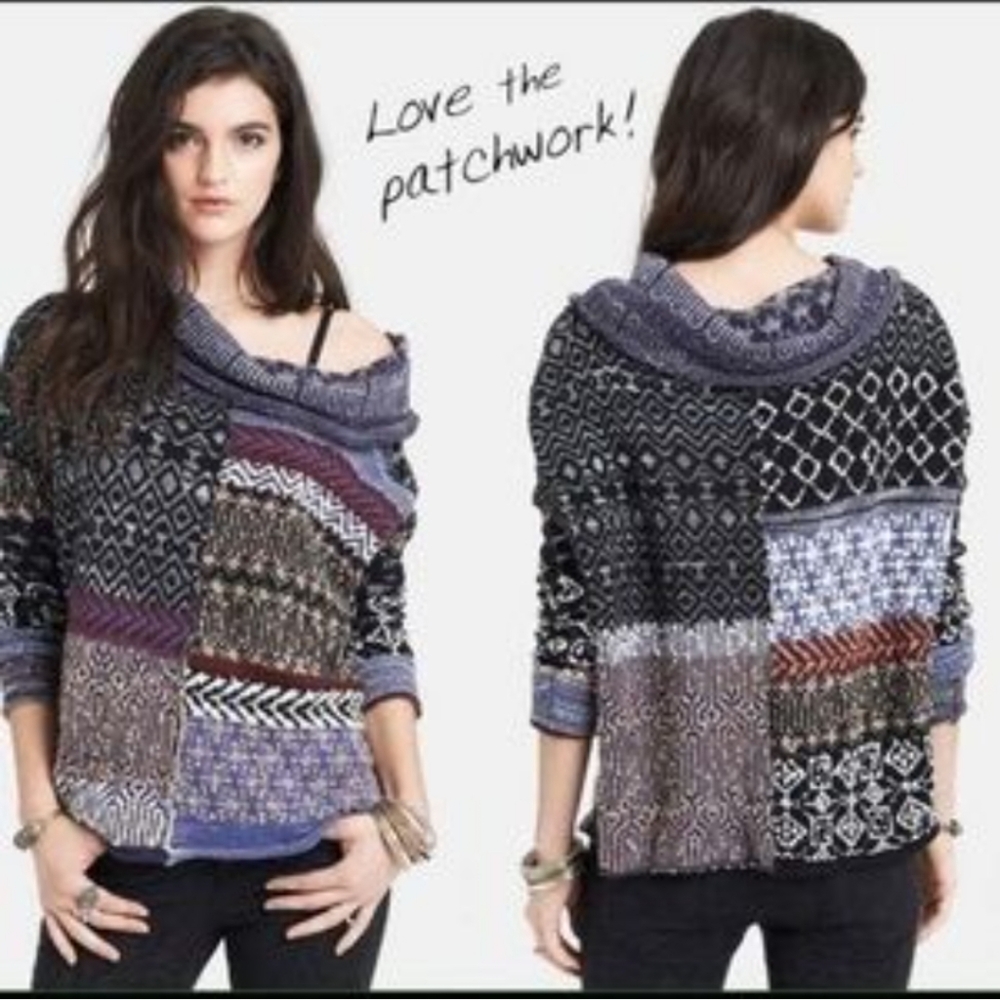 Free People Turtleneck Cowl Neck Wool Blend PatchworkMulti Color Sweater Size XS